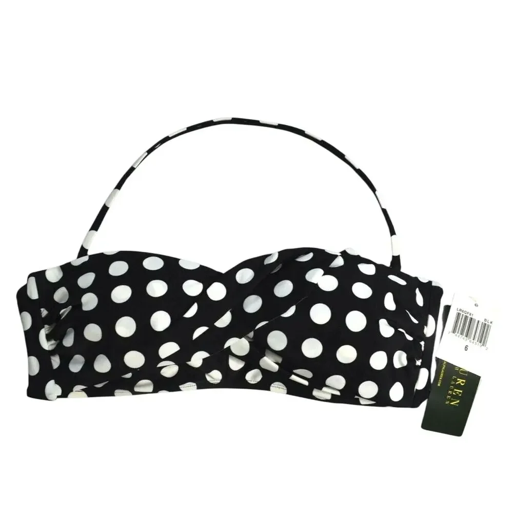 RALPH LAUREN Women's Black & White Polka Dot Bikini Top w/ Halter Strap